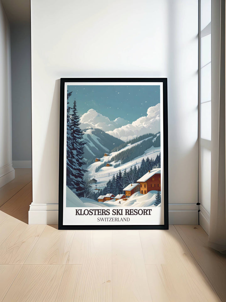 Experience the charm of Klosters Ski Resort with our Vintage Ski Poster capturing the essence of Swiss alpine beauty and adventure. Perfect for any ski enthusiast or lover of retro art this poster brings the slopes of Klosters into your home decor