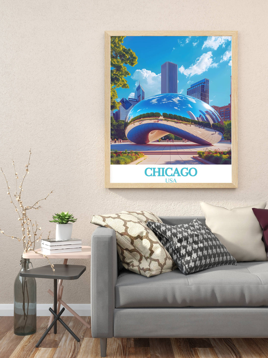 The Bean Cloud Gate poster capturing the dynamic angles and reflective surface of Chicagos iconic sculpture. An excellent piece for enhancing home decor or as a unique travel gift for loved ones.