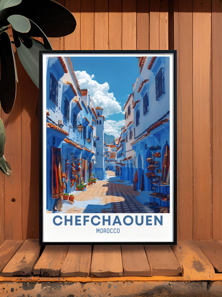 Experience the magic of Chefchaouen with this stunning travel poster. Highlighting the towns famous blue alleyways and bustling markets, this poster is ideal for those who love Moroccan culture and picturesque landscapes. Add a touch of Chefchaouens beauty to your home decor.
