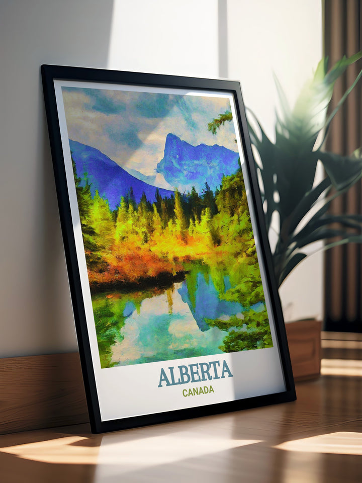 Jasper National Park travel poster showcasing the majestic landscapes of Alberta. Perfect for nature lovers and adventurers, this print captures the essence of Jasper, making it an ideal addition to any home decor. The vibrant colors and stunning scenery bring Albertas wilderness into your living space.