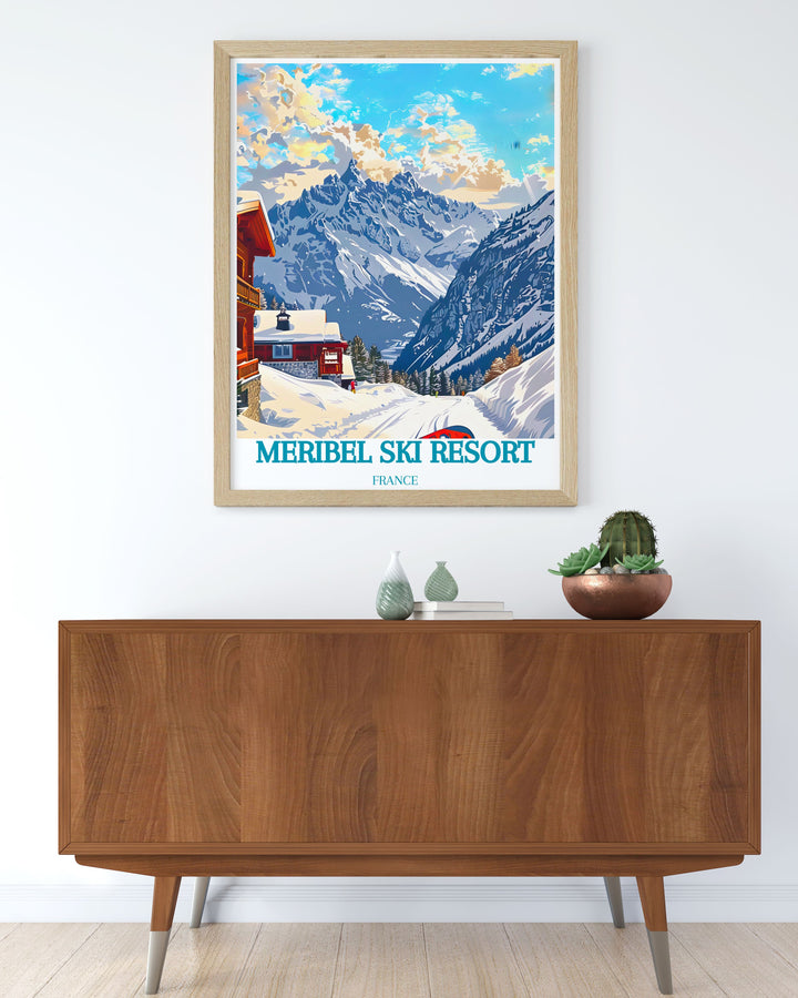 Beautiful Saulire modern print showcasing the snowy slopes of the Meribel Ski Resort. This artwork brings a touch of winter adventure to your living room or office, ideal for ski enthusiasts.