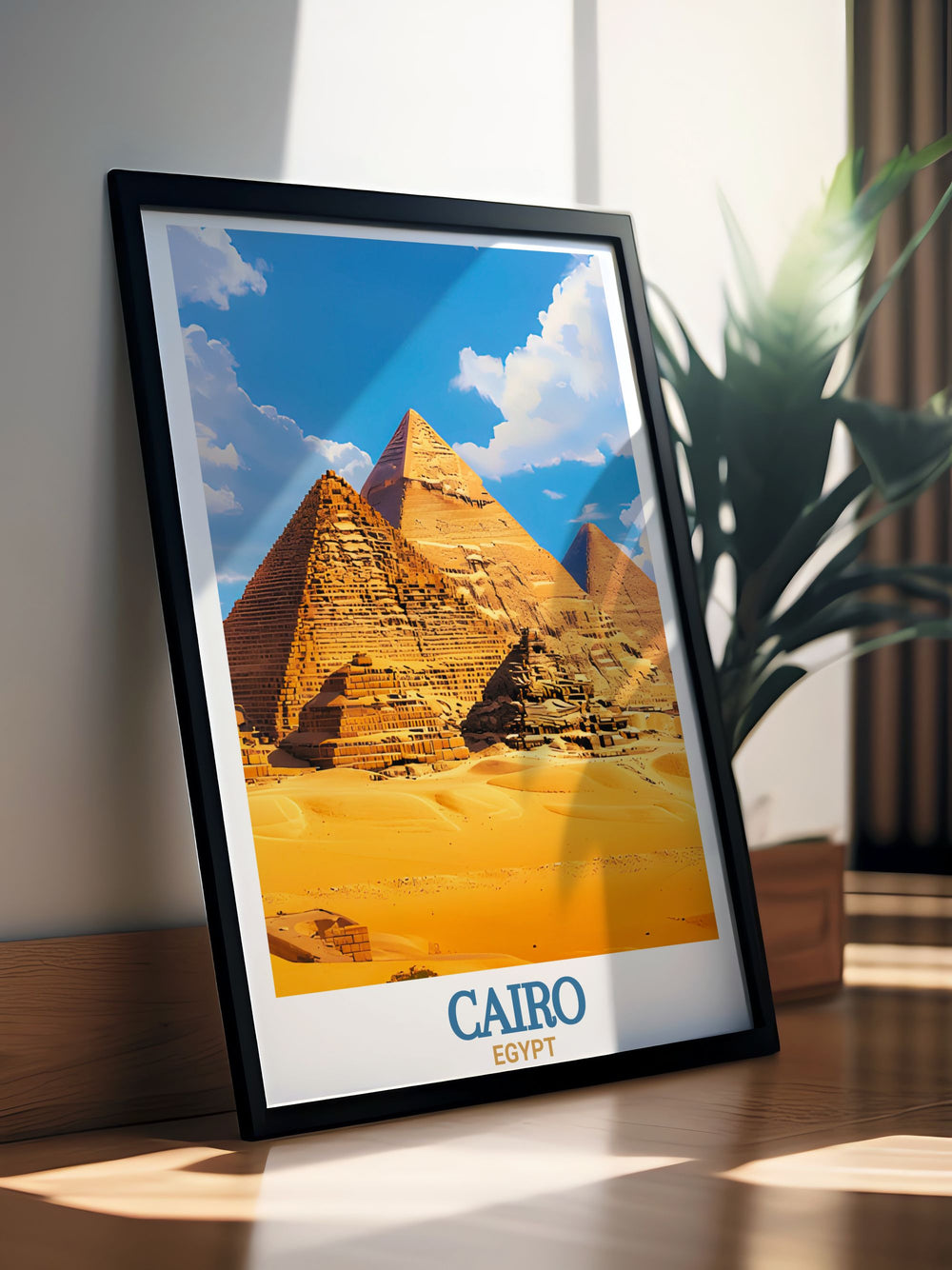 This beautiful Pyramids of Giza poster showcases the architectural grandeur and historical significance of Egypt making it a great addition to any art collection and a thoughtful personalized gift.
