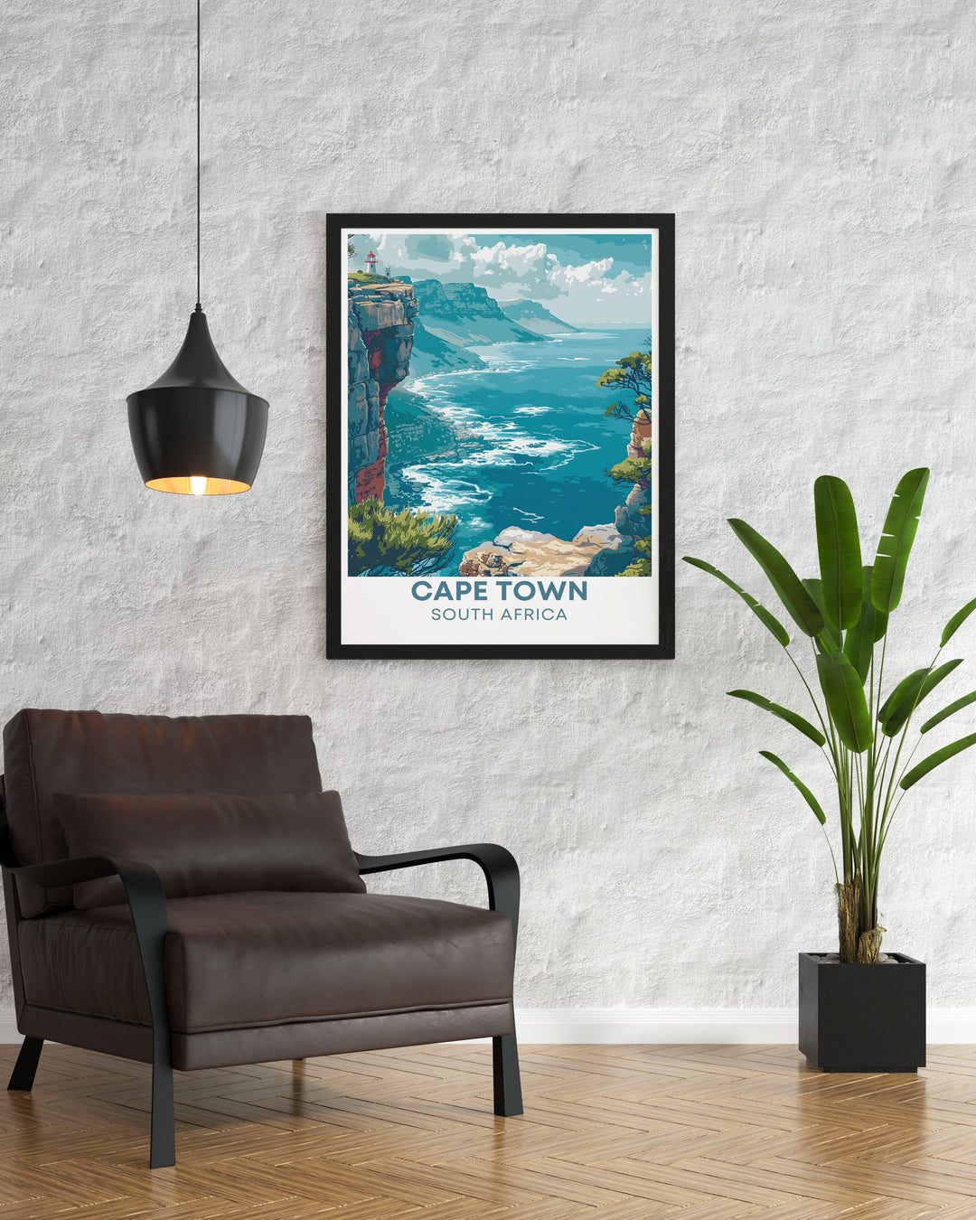 The captivating blend of rugged landscapes and ocean vistas at Cape Point and Table Mountain is beautifully illustrated in this poster, making it a stunning addition to any wall art collection celebrating South Africa.
