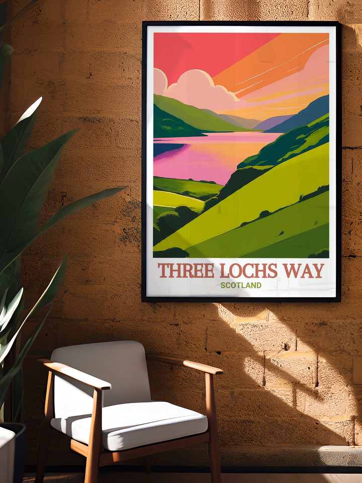 Featuring the scenic views of Gare Loch and Inveruglas, this Three Lochs Way travel poster brings the tranquility of Scotlands hiking trails to your walls. Ideal for nature lovers, this framed print is a great way to showcase Scotlands natural beauty in your home.