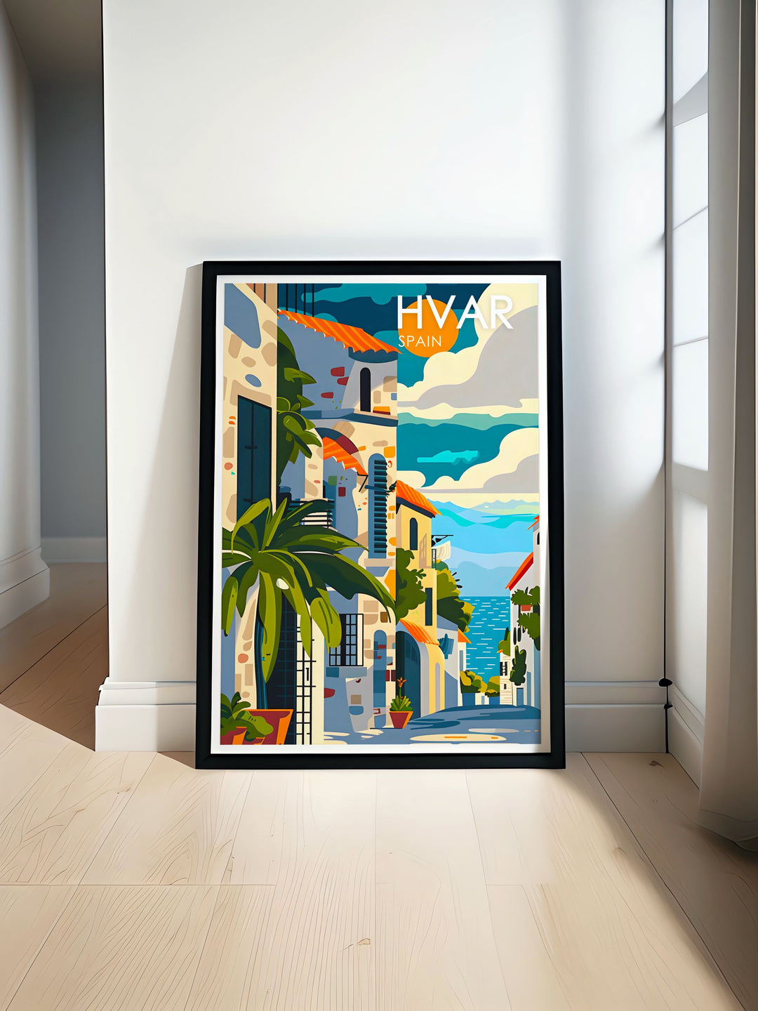 Framed art featuring the panoramic views of Hvar, including its historic buildings and vibrant harbor. This print adds a touch of Adriatic charm to any room, celebrating the scenic beauty of Croatias coast.