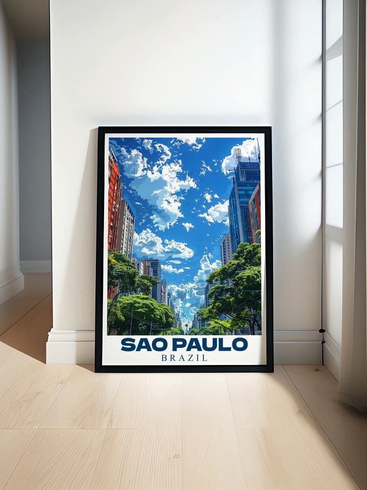 Sao Paulo poster print featuring Paulista Avenue perfect for Brazil art lovers. This modern decor piece showcases the vibrant energy of Sao Paulo and is ideal for anyone looking to add a cultural touch to their home or office.