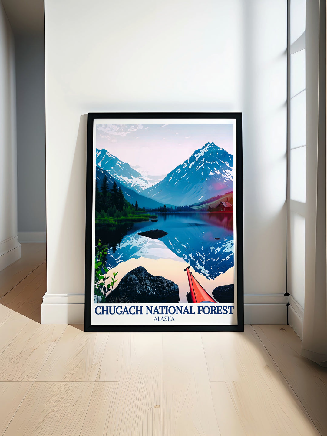 This Chugach National Forest poster print captures the stunning beauty of Alaskas wilderness, featuring Lost Lake and the Kenai Mountains. Ideal for nature lovers, this travel print brings the wild landscapes of Alaska into your home as a perfect piece of wall art decor.