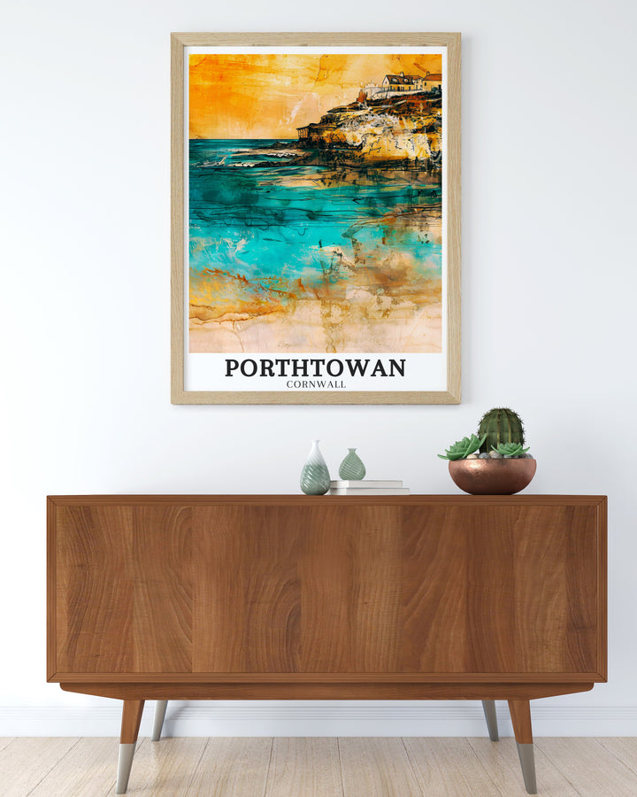 Stunning Porthtowan travel print showcasing the expansive sands of Porthtowan Beach and the quaint charm of Porthtowan Village. This artwork captures the essence of Cornwalls rugged coastline and serene village life, perfect for adding a touch of coastal beauty to your space