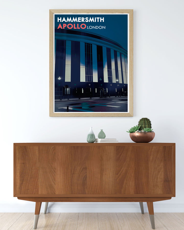 Showcasing the Art Deco charm of Hammersmith Apollo, this travel poster brings the historic venues elegance and vibrant past into your home decor.