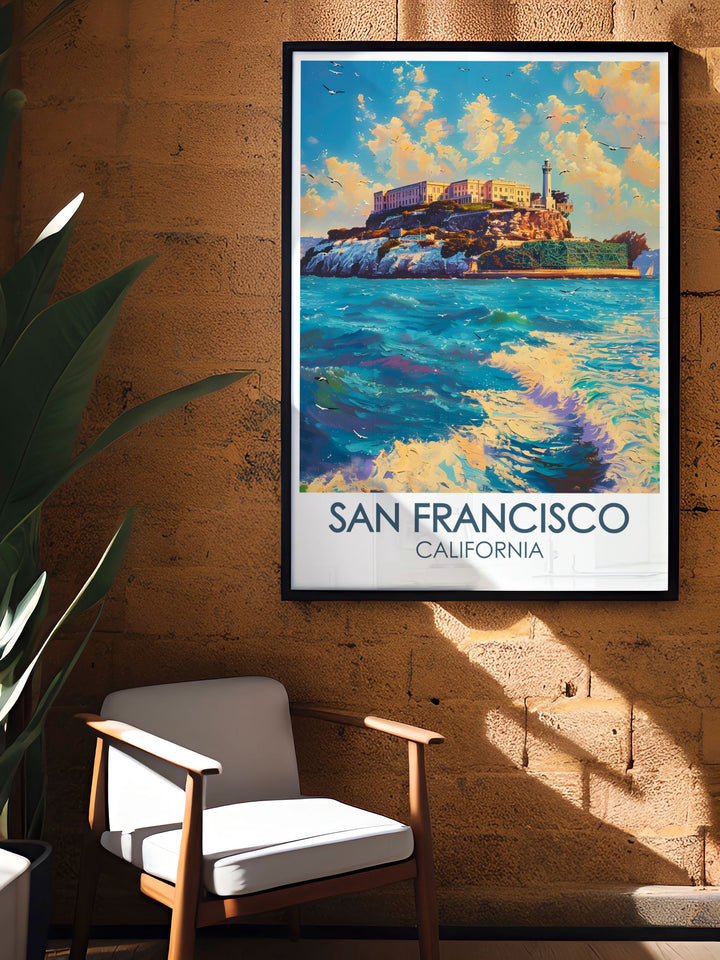 This Golden Gate Wall Poster beautifully captures the scenic views surrounding San Franciscos most famous landmarks, including Alcatraz Island. The art print brings together the rich history of the prison island and the vibrant energy of the city.