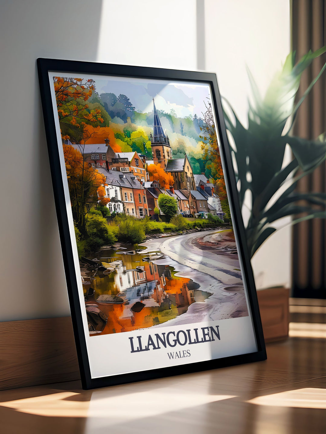Bring home the beauty of Llangollen with this print featuring River Dee, Llangollen Canal, and Llangollen Methodist Church, ideal for Wales wall art.