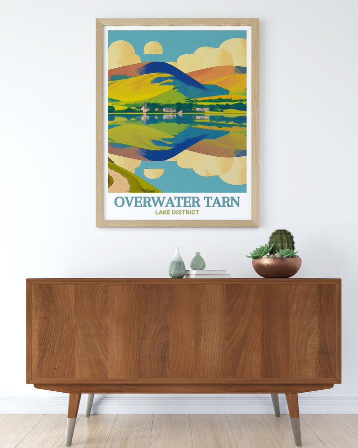 Lake District travel poster showcasing the serene waters of Overwater Tarn and Bassenthwaite Lake. This print brings the charm of Cumbrias natural beauty into your space, perfect for decorating living rooms, offices, or bedrooms. An ideal gift for nature lovers.