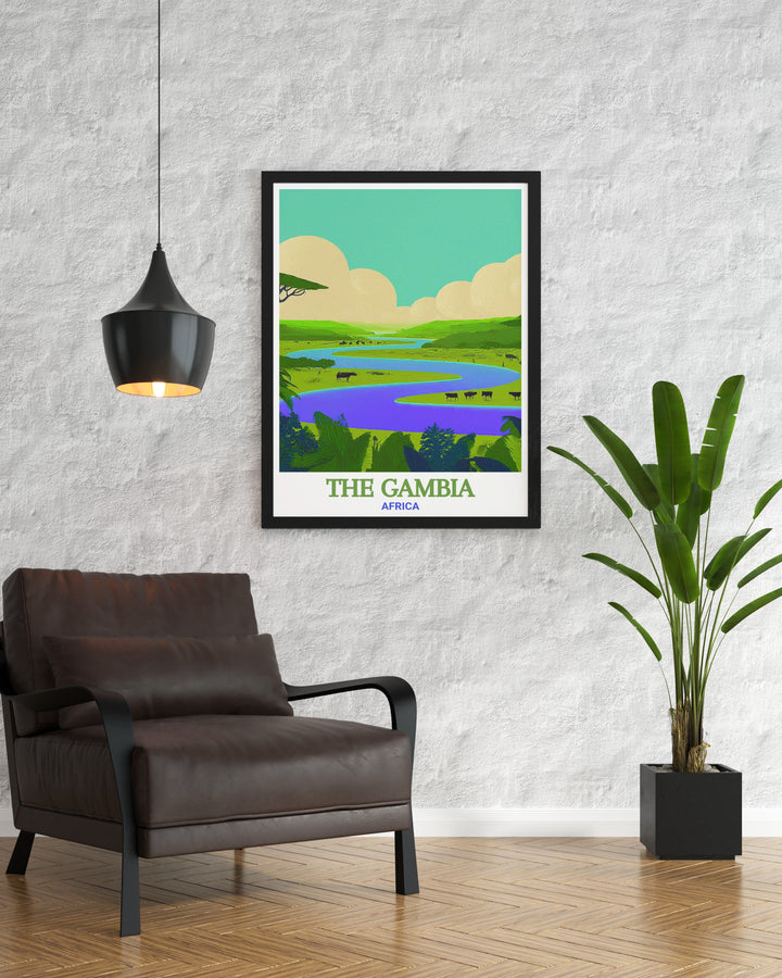 River Gambia National Park wall art from The Gambia. This fine art print showcases the parks lush greenery and diverse wildlife, making it a perfect piece for any nature lovers collection. The high quality print ensures lasting vibrancy and detail, celebrating the magic of The Gambia.