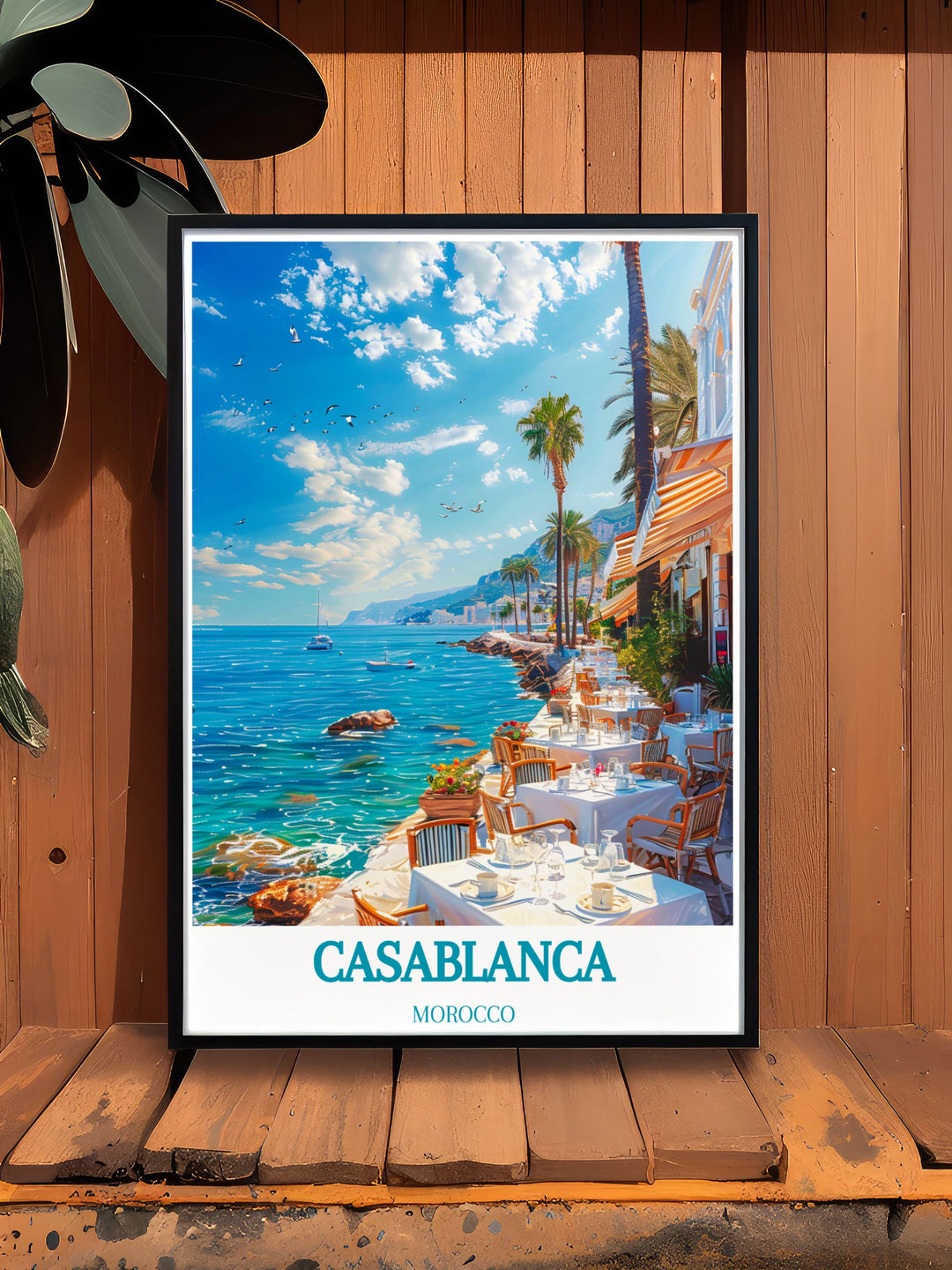 Featuring the stunning coastline of Corniche Ain Diab and the bustling streets of Casablanca, this poster is ideal for those who wish to bring a piece of Moroccos coastal beauty into their home.