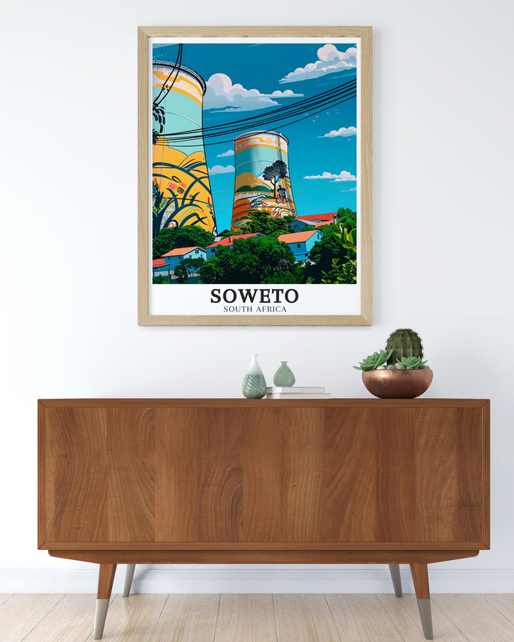 Orlando Towers Framed Art showcasing the vivid colors and cultural significance of these repurposed cooling towers in Soweto, making it a striking addition to any wall and a celebration of Johannesburgs dynamic heritage.