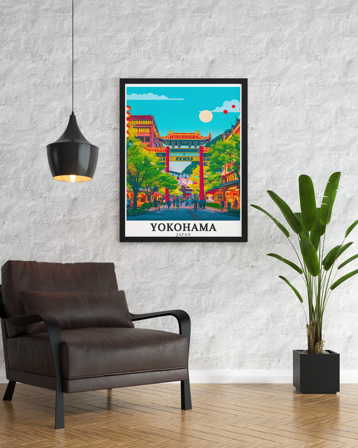 Yamashitachos historic charm is captured in this elegant print, highlighting the districts tranquil streets and classic buildings. The artwork offers a peaceful view of this Yokohama neighborhood, making it an ideal piece for those who appreciate the beauty of traditional Japanese architecture and serene environments.