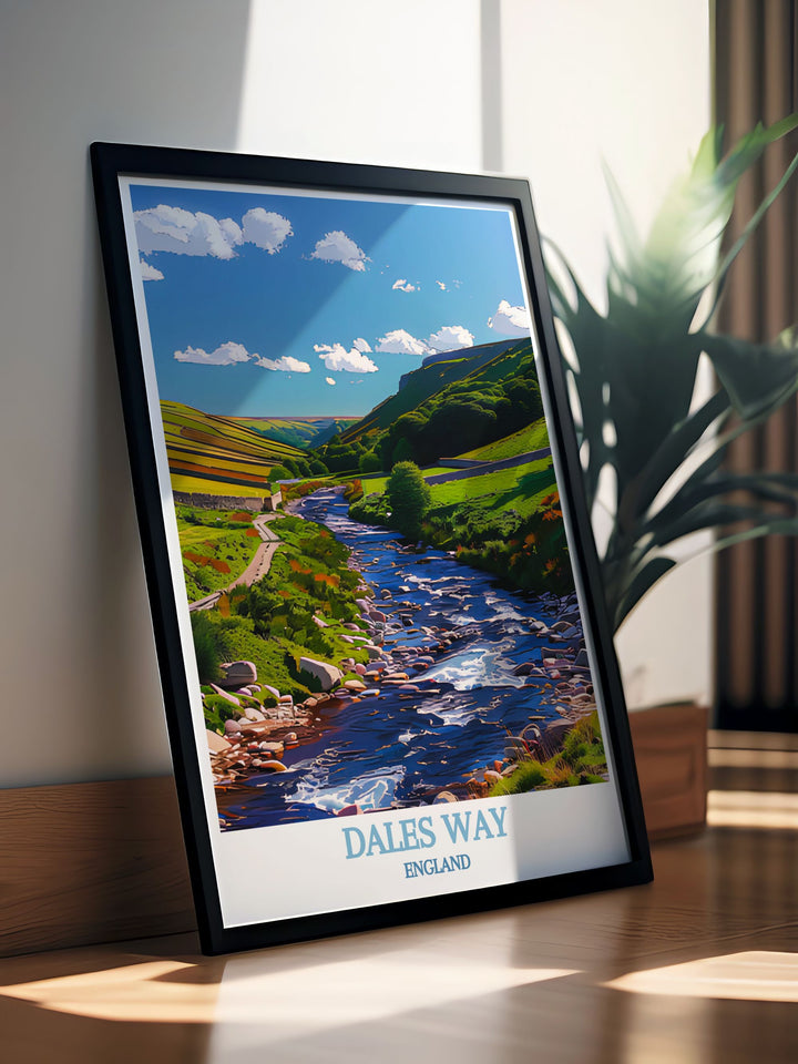 Vintage poster highlighting the iconic views from the Dales Way, featuring the scenic beauty of Wharfedale and its surrounding areas.