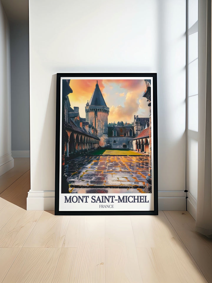 Mont Saint Michel print showcasing The Abbey Courtyard perfect for adding elegance to your home décor with vibrant colors and intricate details an ideal piece of France wall art for any room.