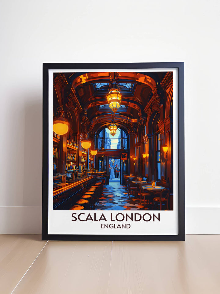 London music venue poster highlighting Scala London and its historic Art Deco architecture a perfect choice for bar and lounge areas this print captures the vibrant spirit of Londons music scene and adds a touch of sophistication to any living space