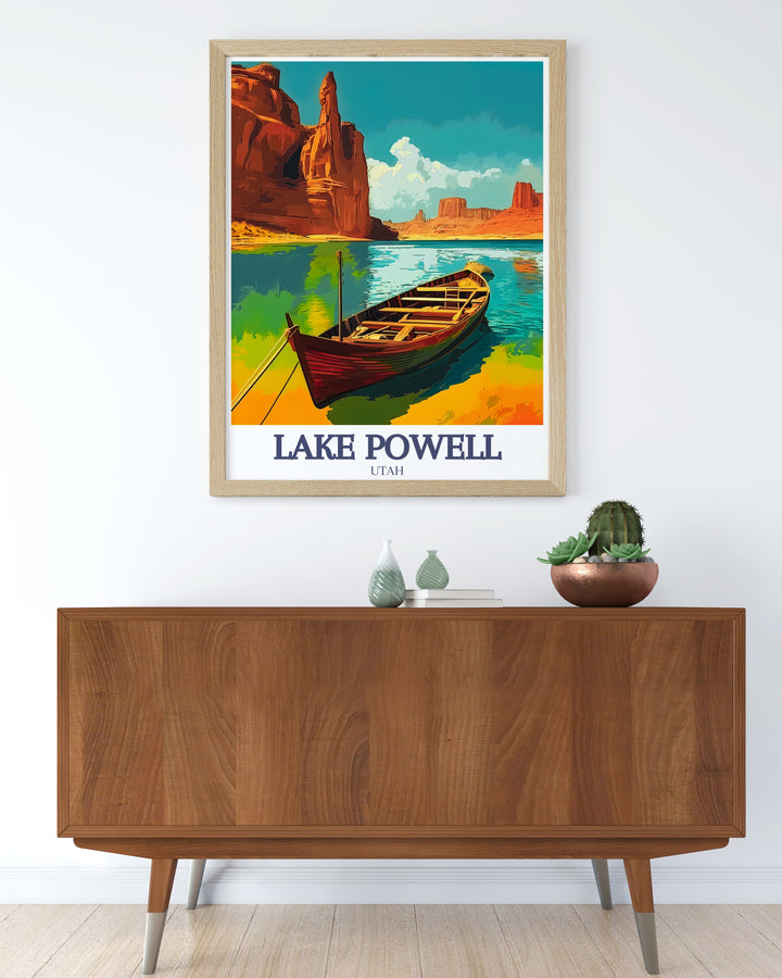 Capture the adventurous spirit of Lake Powell with this detailed travel print of Glen Canyon and Padre Bay, perfect for outdoor lovers and travel enthusiasts looking to enhance their space with scenic décor.