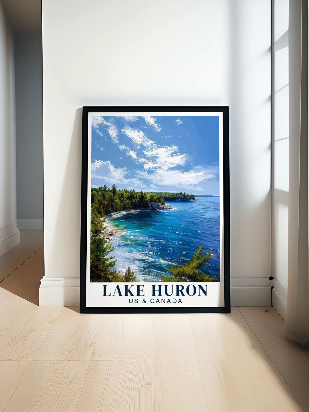 Experience the tranquil beauty of Lake Huron shoreline with this exquisite poster. Perfect for enhancing any living space this digital download offers a serene depiction of one of the Great Lakes making it an ideal choice for nature and art enthusiasts