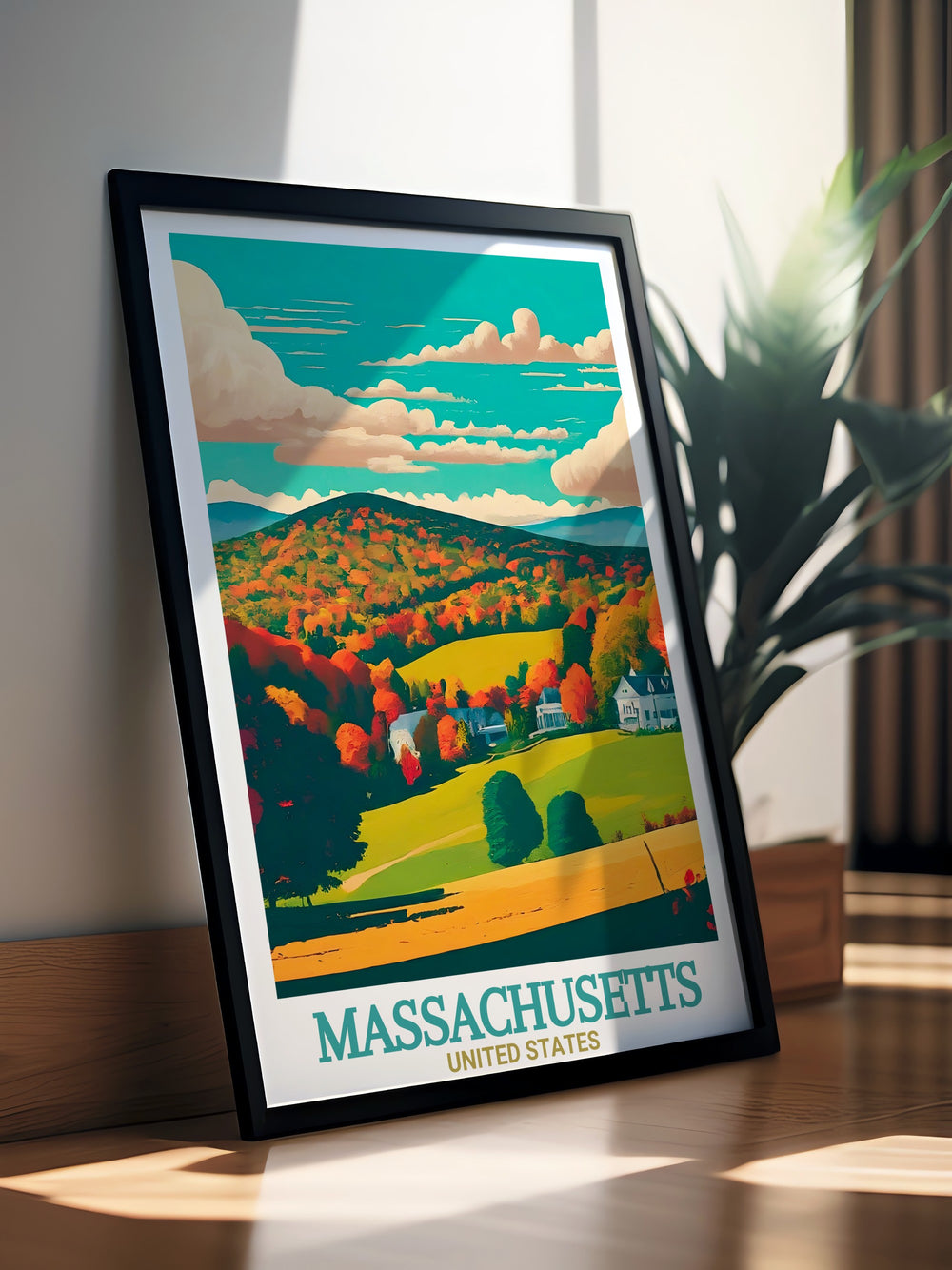 Massachusetts Vintage Poster combines the tranquil landscape of The Berkshires with Springfields iconic skyline, creating a timeless piece of framed art. Perfect for adding a touch of history and beauty to any room, this poster is a must have for Massachusetts lovers.