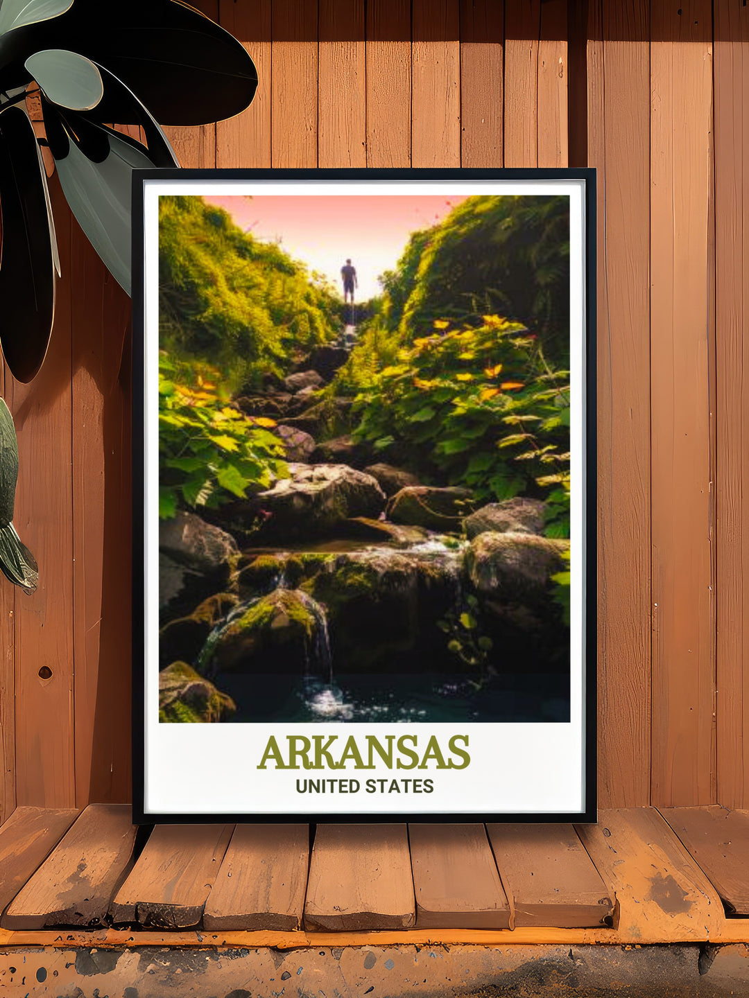 Travel poster of Hot Springs National Park in Arkansas, capturing the lush landscapes and therapeutic hot springs of this iconic natural and historical site. Ideal for art lovers and nature enthusiasts looking to bring a touch of Arkansass beauty into their home.