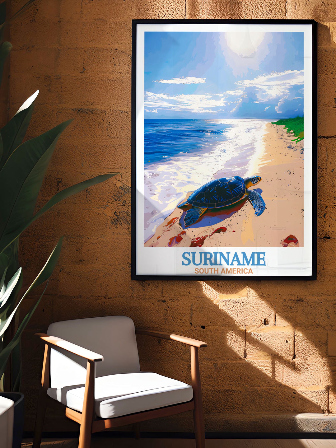 Travel Poster Print of Suriname focusing on the vibrant streets of Paramaribo and the tranquil Galibi Nature Reserve. Elegant wall art for any room in your home.