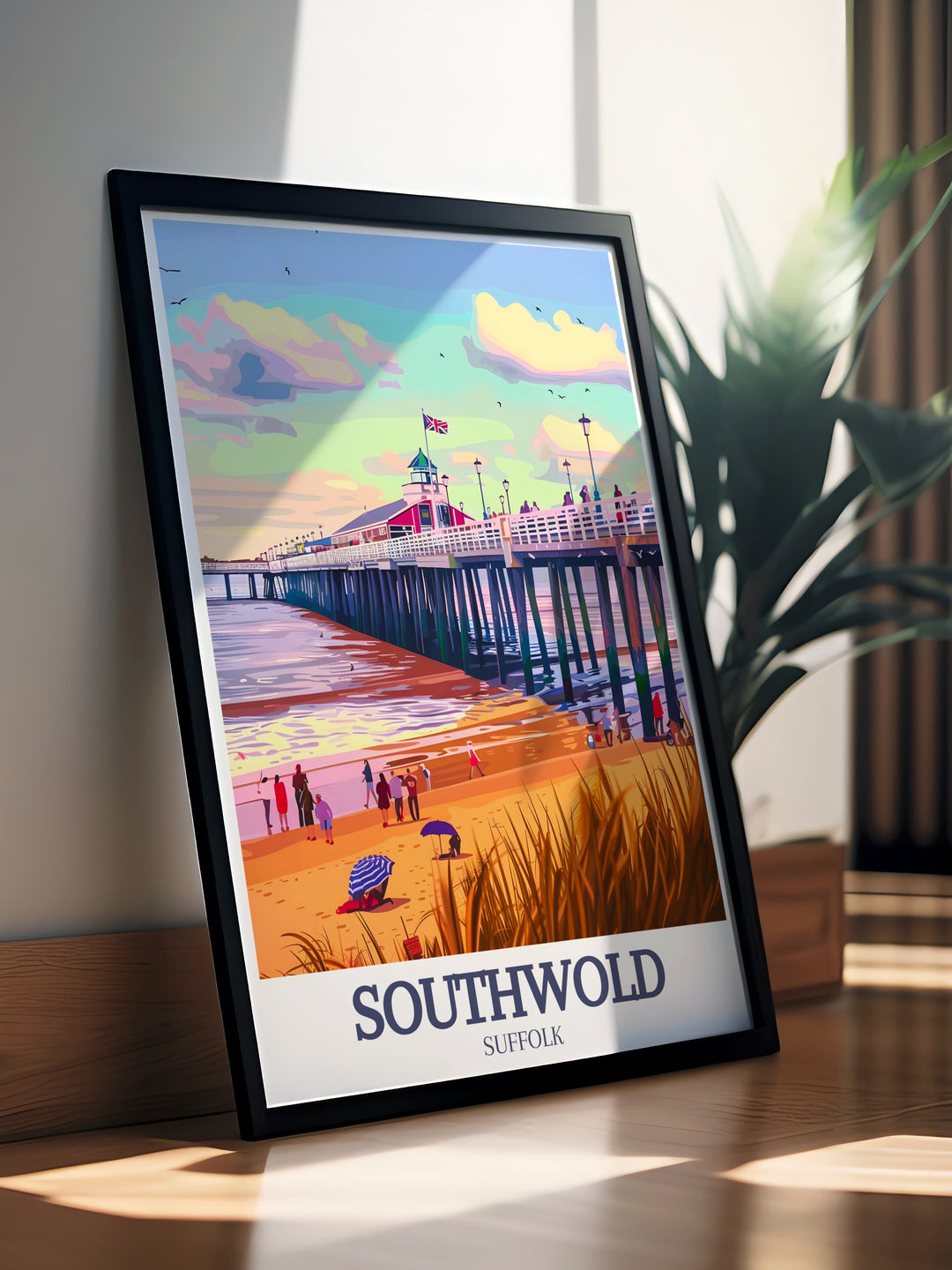 Captivating UK Travel Poster of Southwold Beach Huts and Southwold Lighthouse. This print highlights the charm of Southwold Pier North Sea. An excellent addition to any travel print collection or as a unique gift for seaside lovers.