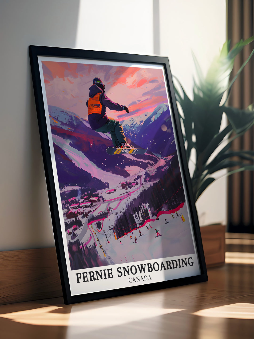 A Fernie travel print capturing the thrill of snowboarding at one of Canadas top winter destinations. This artwork is a perfect blend of adventure and scenic beauty, making it an excellent gift for outdoor enthusiasts.