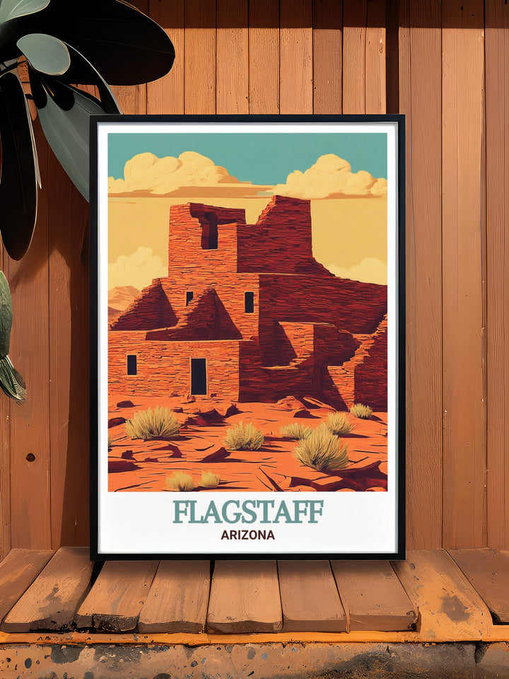 Vibrant Flagstaff poster featuring Wupatki National Monument wall art is an elegant addition to any home. This fine line print showcases the unique beauty of Flagstaff and nearby Wupatki making it perfect for wall decor or as a thoughtful gift.