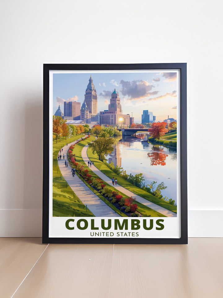 Celebrate Columbus with this stylish travel print featuring the Scioto Mile. The vintage poster design and skyline make it perfect for contemporary home decor or as a gift for someone who loves Columbus Ohio. Ideal for living rooms or office spaces.