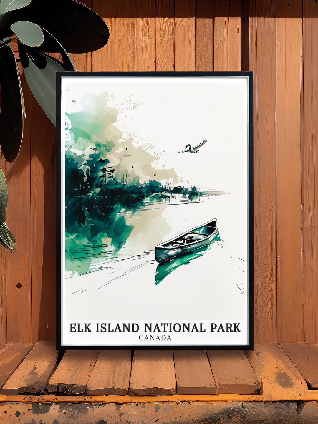 Elk Island National Park wall art depicting the pristine waters of Oster Lake, set against the backdrop of Albertas rich natural landscapes. This vintage style travel poster is perfect for celebrating Canadas national parks.