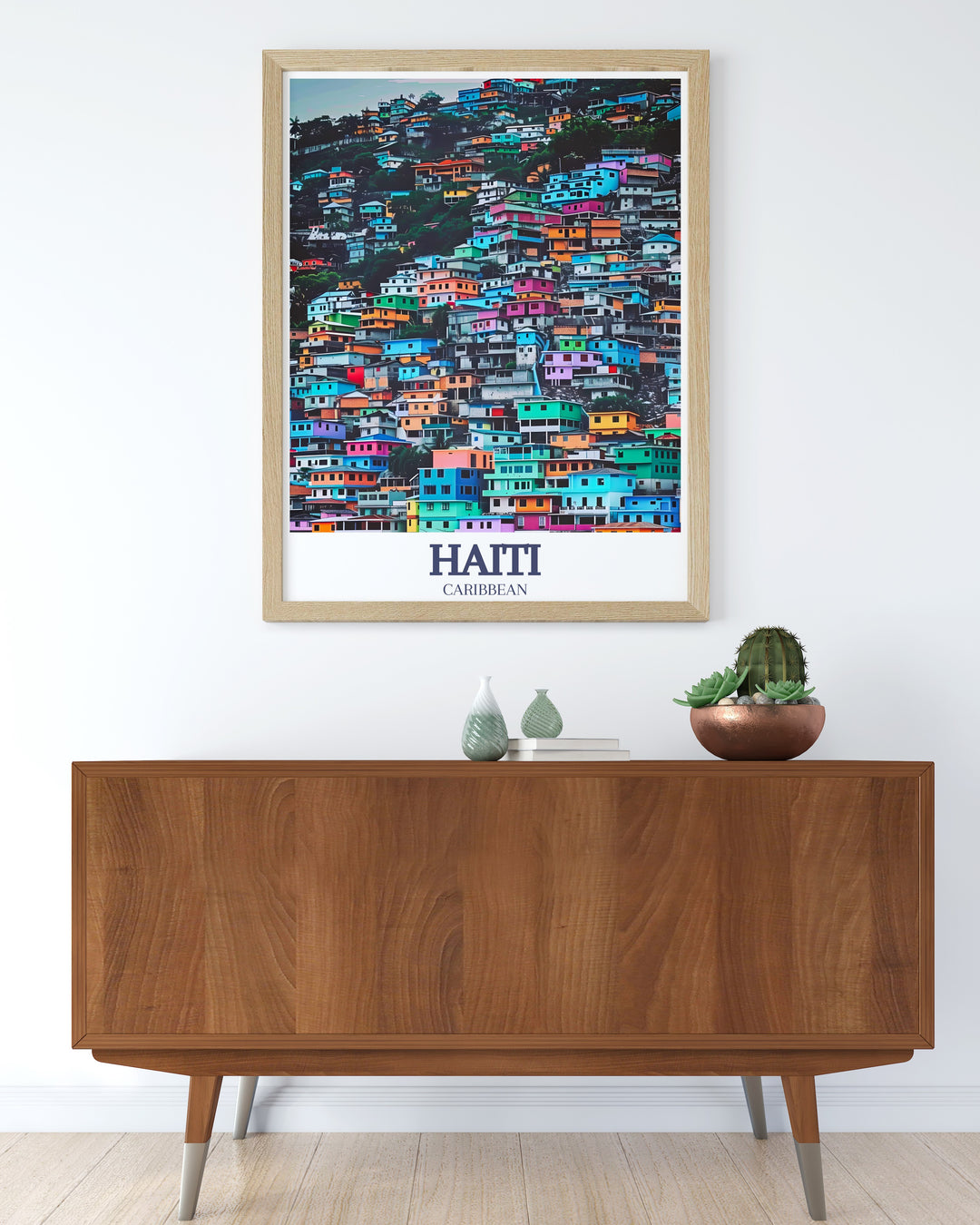 This travel poster captures the beauty of Haitis capital, Port au Prince, and the lively Jalousie neighborhood. A stunning blend of color and culture, its a must have for anyone seeking to bring a touch of Haiti into their home or office.