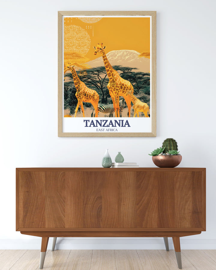 Our Tanzania travel print offers a beautiful representation of Mount Kilimanjaro and Serengeti National Park. The artwork highlights the natural beauty and wildlife of Tanzania, making it an excellent choice for anyone seeking to add African inspired decor to their home or office.