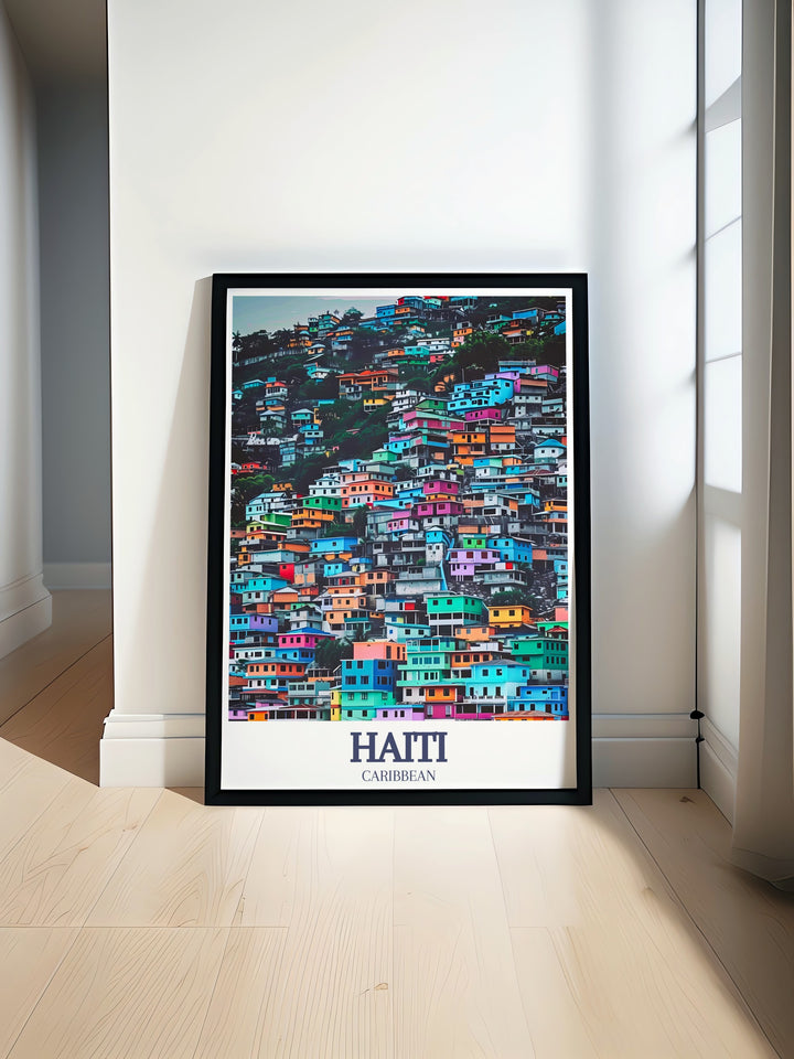 A vibrant travel poster print of Haiti showcasing the iconic streets of Port au Prince and the colorful Jalousie neighborhood. Perfect as a gift or home décor piece, this print brings the energy and beauty of Haitis capital city and its surrounding areas to life.