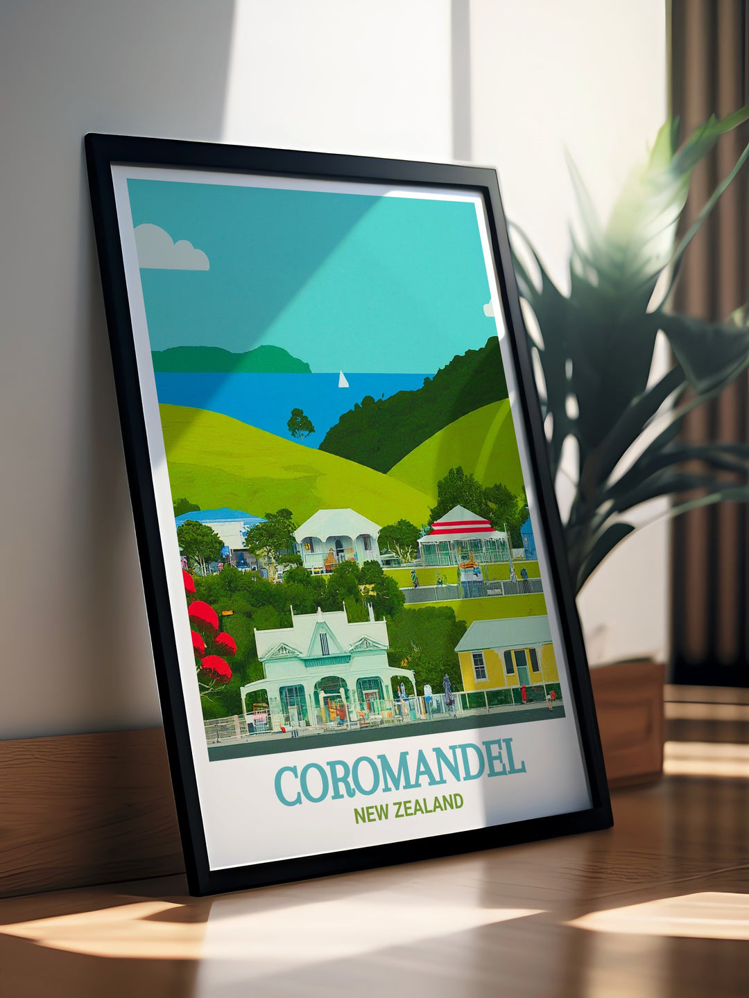 Framed art print of Coromandel Town, focusing on the intricate details of its colonial architecture and the natural surroundings, offering a piece of New Zealands history and beauty for your home decor.