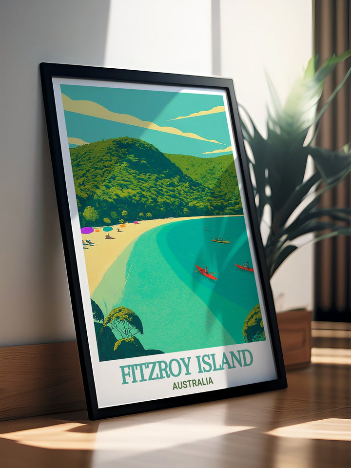 Fitzroy Island art print brings the natural beauty of Australias tropical paradise to life, featuring the calm waters and inviting shores of Welcome Bay. This travel poster is perfect for anyone who loves serene landscapes and vibrant coastal destinations.