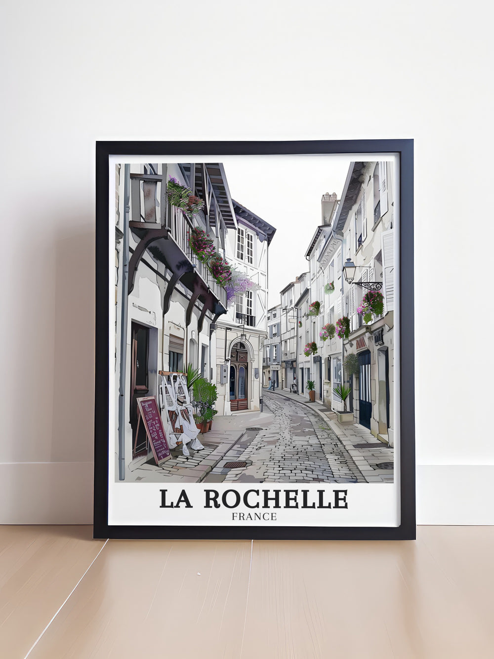 Stunning La Rochelle art print featuring the historic Old Town and the lively Centre Ville. The print reflects the timeless beauty and vibrant energy of La Rochelle, perfect for enhancing any home decor with a touch of French elegance