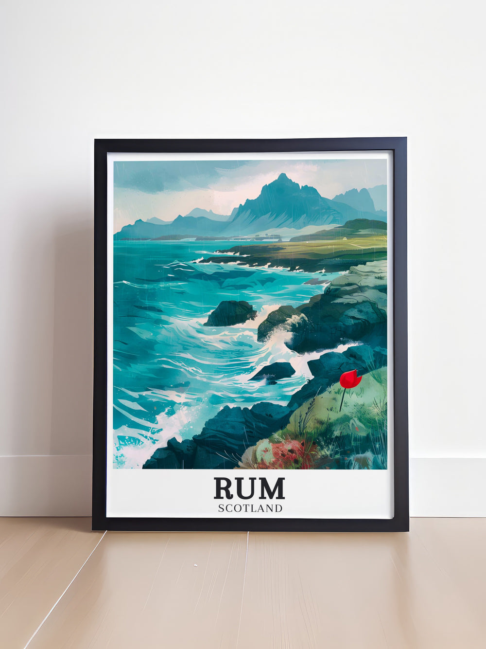 Our Rum travel poster captures the rugged beauty of the Isle of Rum and the serene shores of Sanday, making it an ideal addition to any collection of Scottish landscape art.