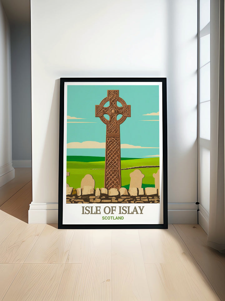 A canvas art piece featuring the Isle of Islays Kildalton Cross, set against the serene landscapes of Scotland. The soft colors and textures evoke the tranquility of Islay, making it a perfect addition to any room seeking a connection to nature and history.