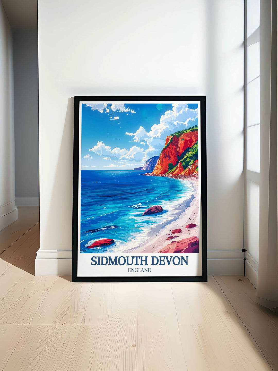 This poster of Sidmouth and the Jurassic Cliffs captures the breathtaking coastal scenery and rich history of Devon, inviting viewers to explore the picturesque landscapes and seaside charm.