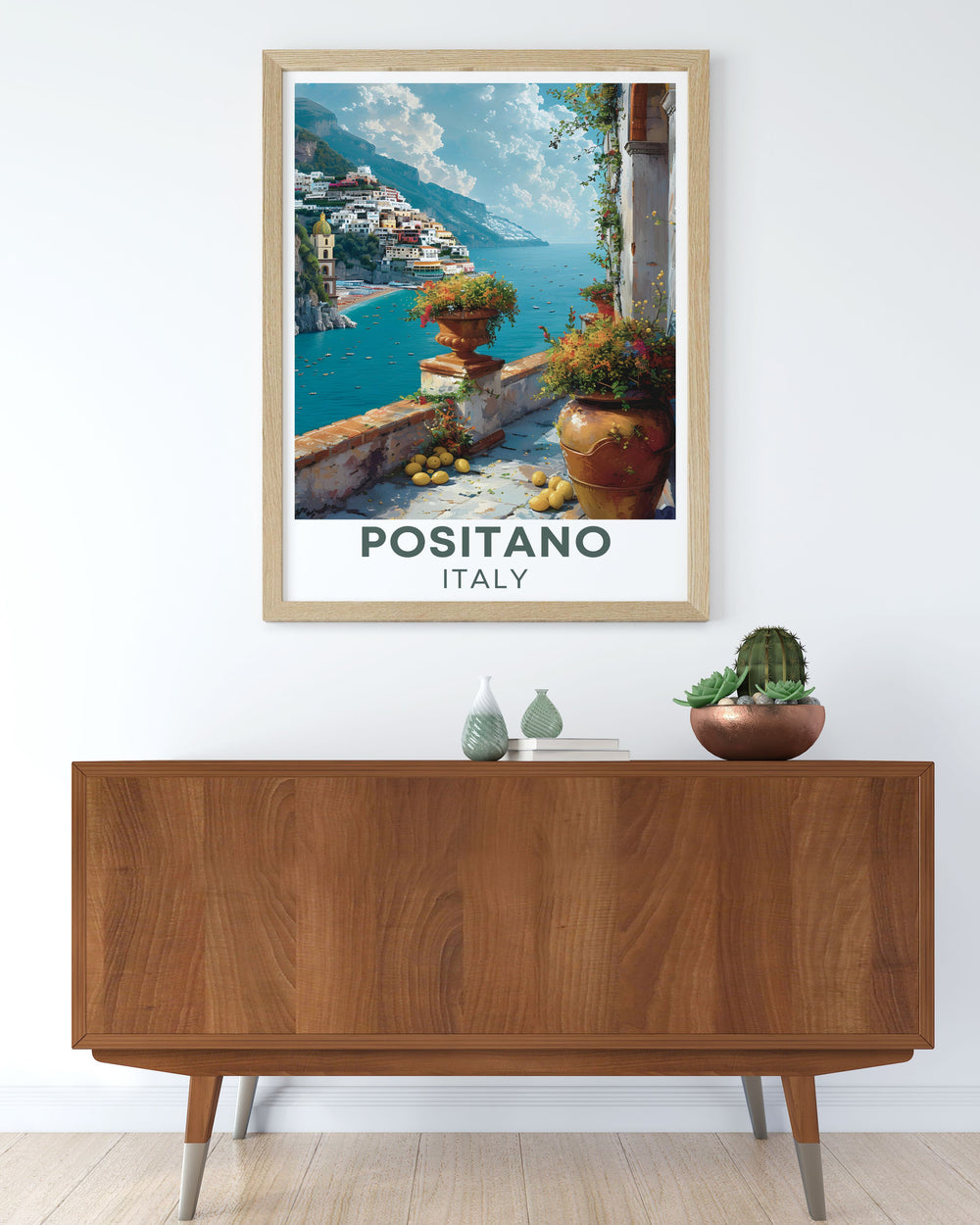 Elevate your home décor with this Amalfi Coast Print featuring Via Positanesi dAmerica, a beautiful representation of Positanos unique architecture and breathtaking landscapes, ideal for adding a touch of Italy to any space.