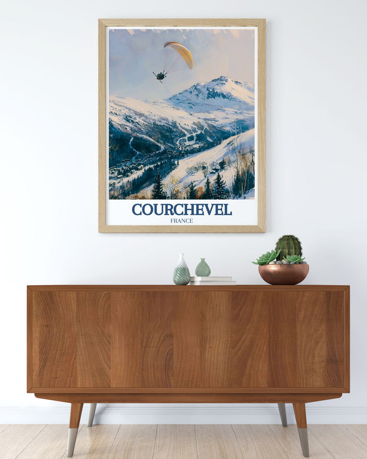 This poster artfully depicts the natural beauty of La Saulire and the exhilarating ski slopes of Courchevel, offering a perfect blend of Frances landscapes and cultural landmarks for your decor.