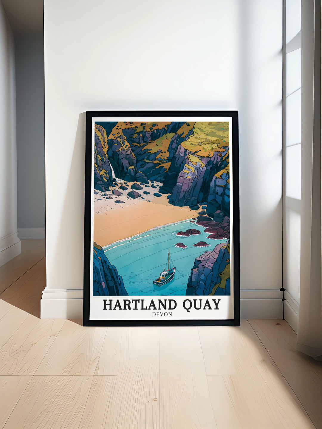 Hartland Quay wall art displaying the dramatic rock formations and ocean views of one of Devons most beautiful coastal spots. This framed artwork brings a sense of adventure and the beauty of nature into your home décor.