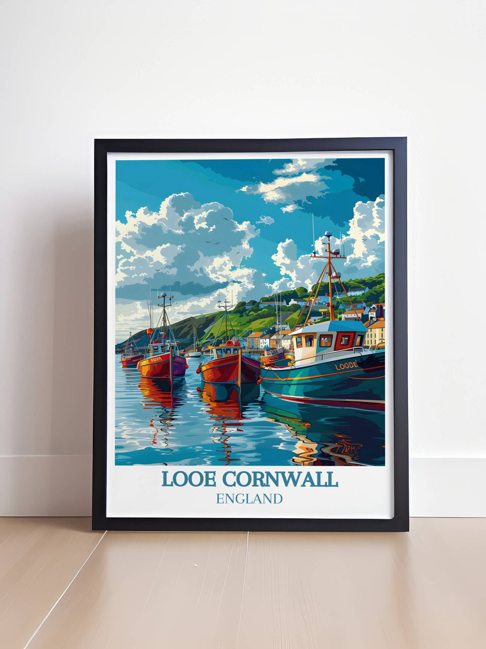 Looe Harbor Framed Print featuring detailed artwork of Looe Harbor in timeless design perfect for enhancing living room decor.