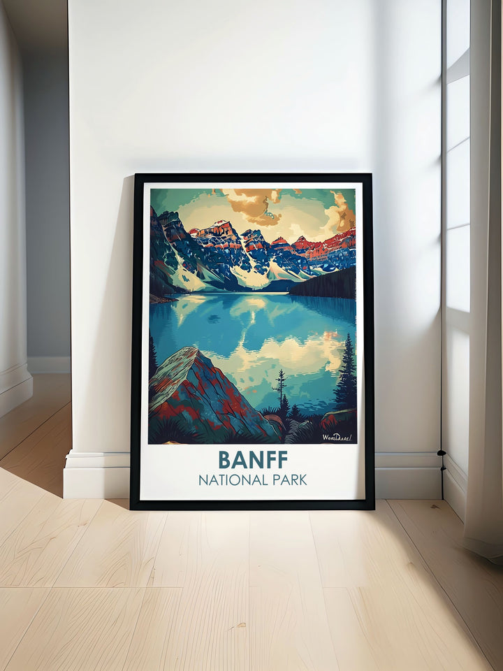 Moraine Lake framed art capturing its pristine turquoise waters surrounded by snowy peaks, perfect for bringing a touch of Canadian wilderness into your home or office.