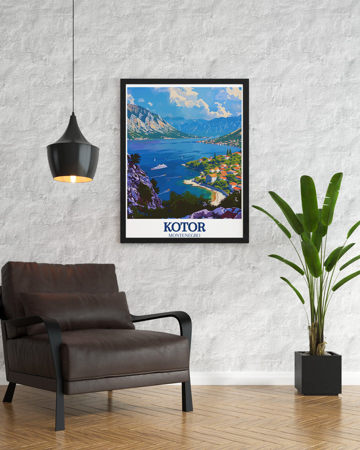 Beautiful Kotor poster print showcasing the stunning coastal landscape of Kotor Bay and the Adriatic Sea. This travel print is perfect for anyone looking to add a piece of Montenegros beauty to their home or office décor.