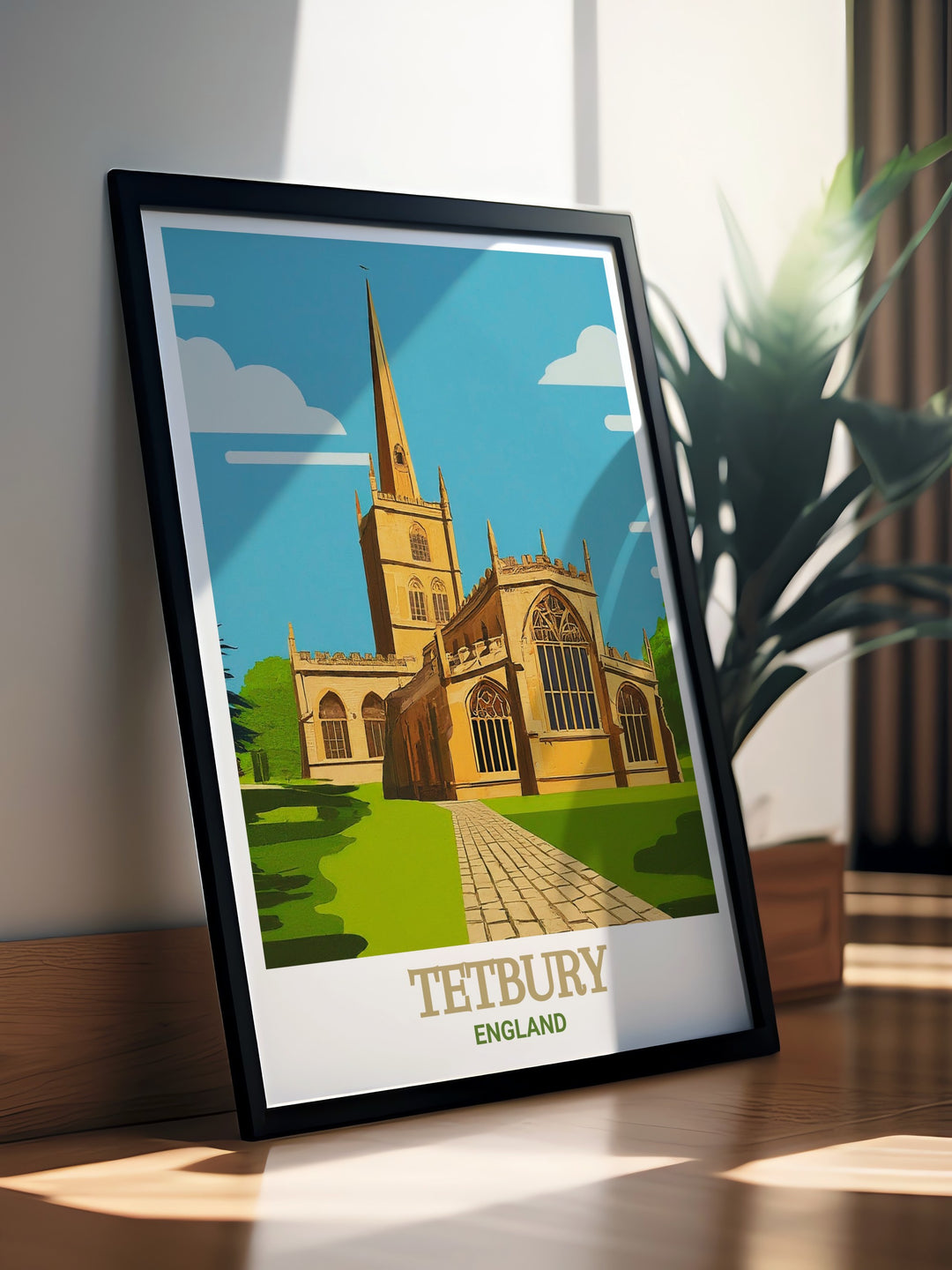 Bring Tetburys charm into your home with this travel art poster featuring the towns picturesque streets and the architectural beauty of its central church, a must have for history and architecture lovers.