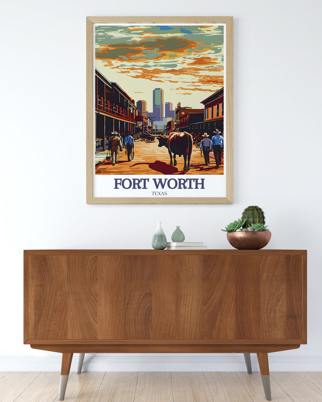 Featuring Exchange Street and the Stockyards, this Fort Worth canvas print is a stunning way to showcase the citys history. Whether as decor for a Texan home or a gift for a Fort Worth fan, this print makes an impression.